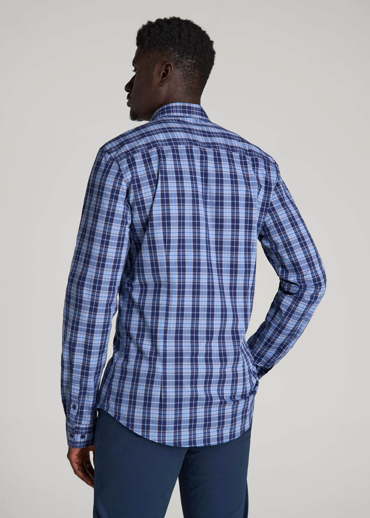 Oskar Easy Care Dress Shirt for Tall Men in Navy Blue Plaid