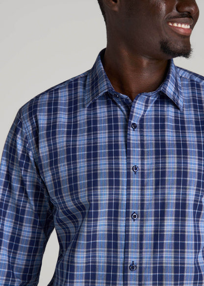 Oskar Easy Care Dress Shirt for Tall Men in Navy Blue Plaid