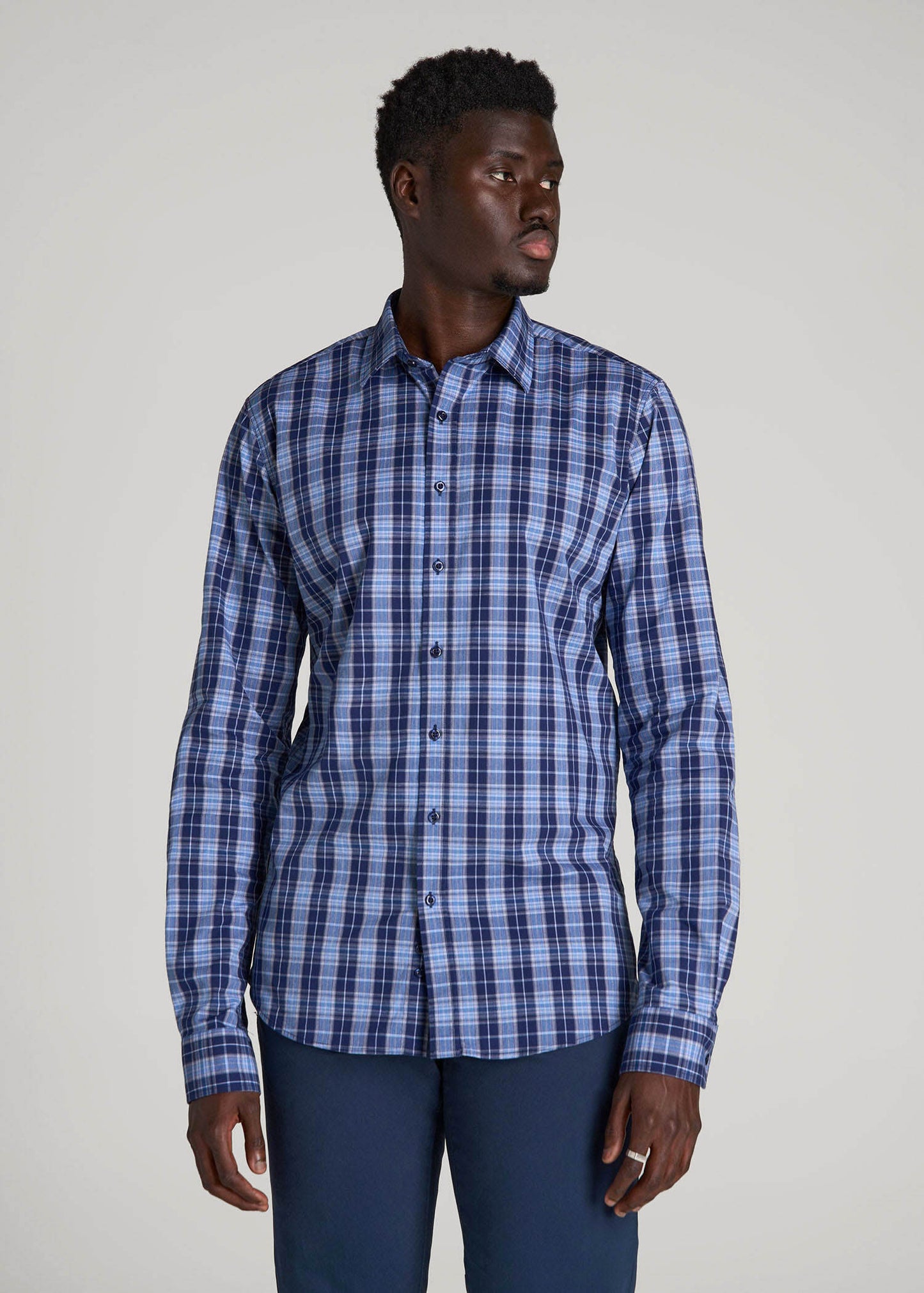 Oskar Easy Care Dress Shirt for Tall Men in Navy Blue Plaid