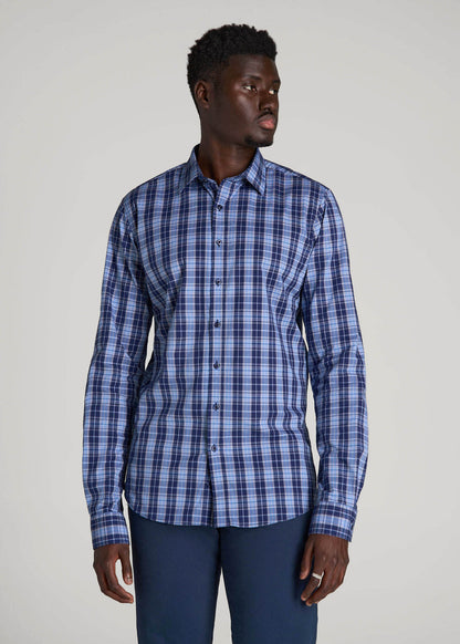 Oskar Easy Care Dress Shirt for Tall Men in Navy Blue Plaid