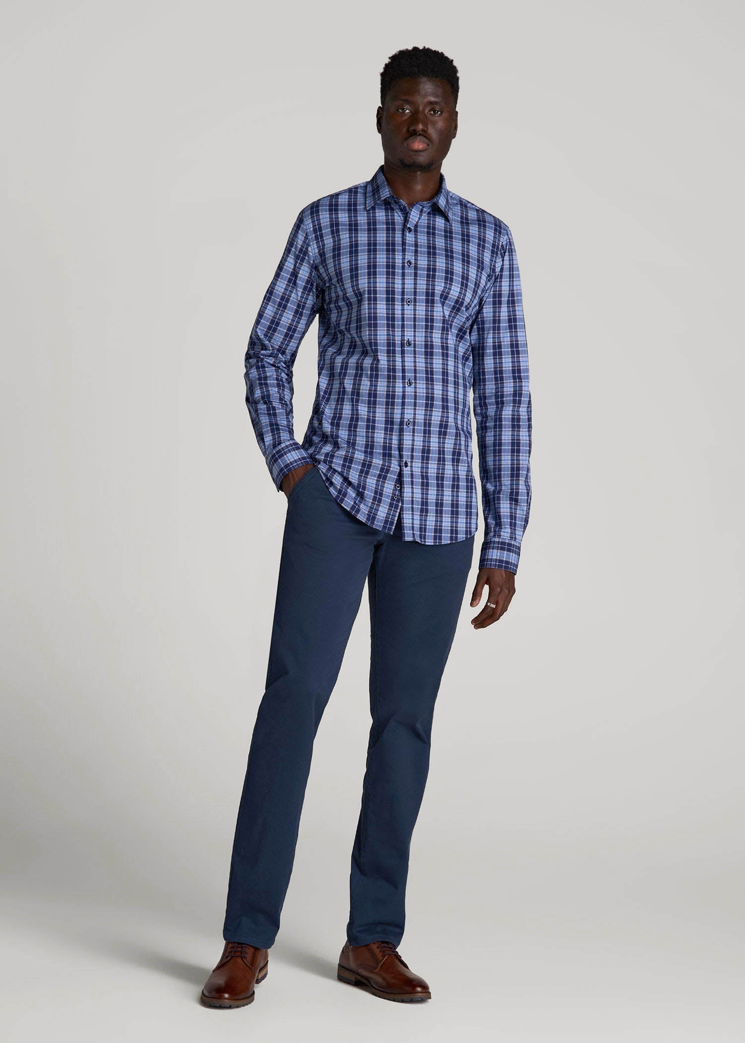 Oskar Easy Care Dress Shirt for Tall Men in Navy Blue Plaid