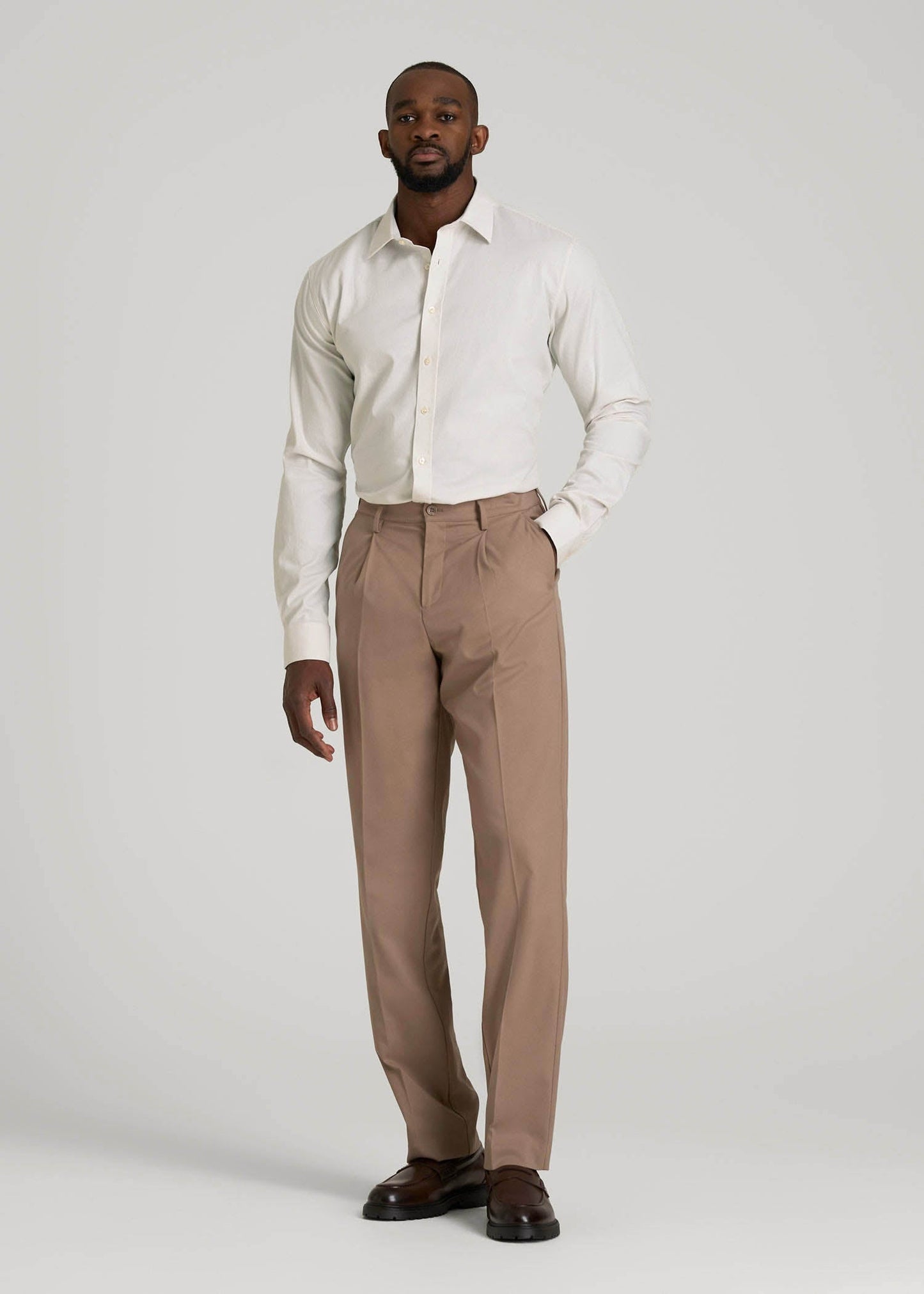 Oskar Easy Care Dress Shirt for Tall Men in Beige Mini Gingham