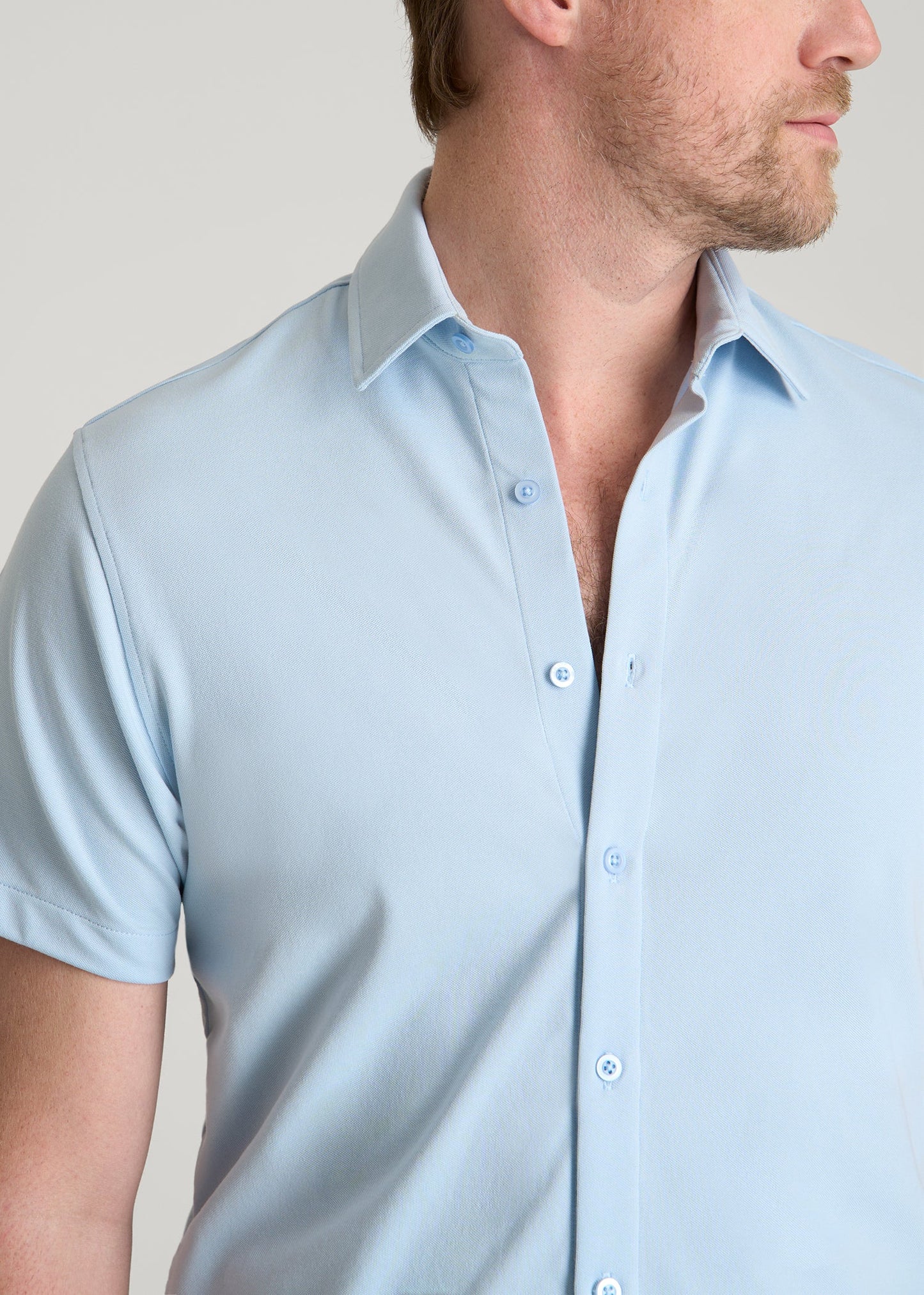 Pique Knit Stretch Short Sleeve Shirt for Tall Men in Ice Blue