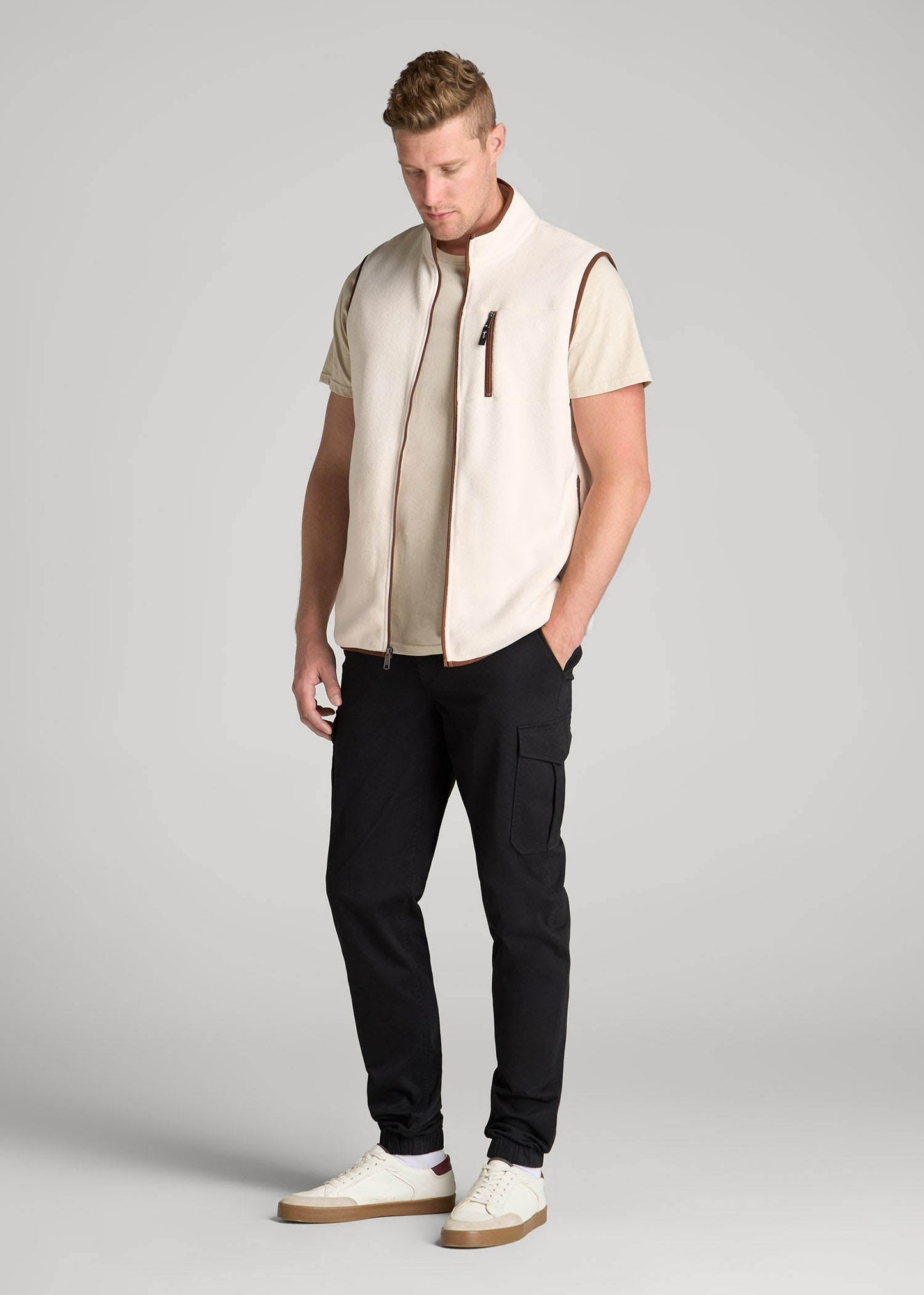 Polar Fleece Sweater Full Zip Vest for Tall Men in Natural