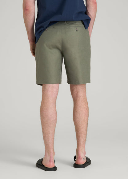 Stretch Cotton Linen Blend Shorts for Tall Men in Olive