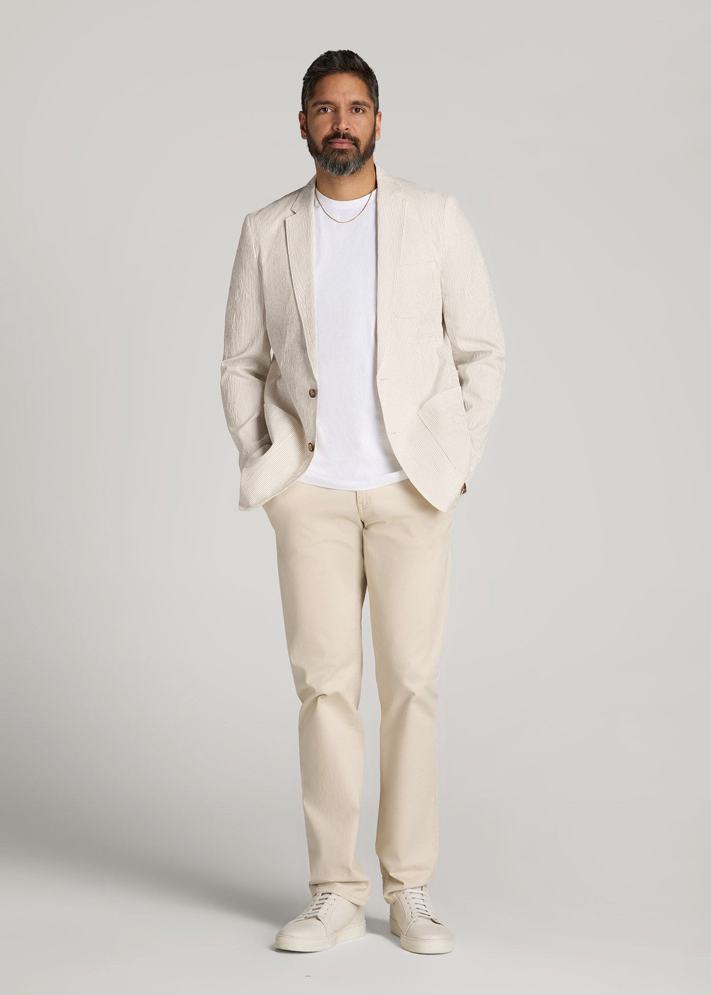 Stretch Seersucker Blazer for Tall Men in Off White and Beige Stripe