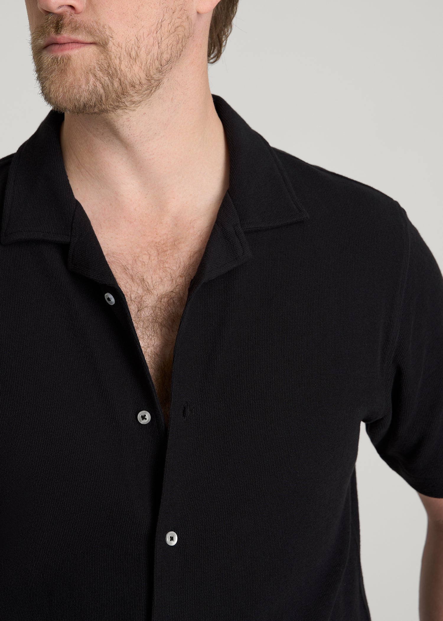 Terry Cotton Polo Cardigan for Tall Men in Black