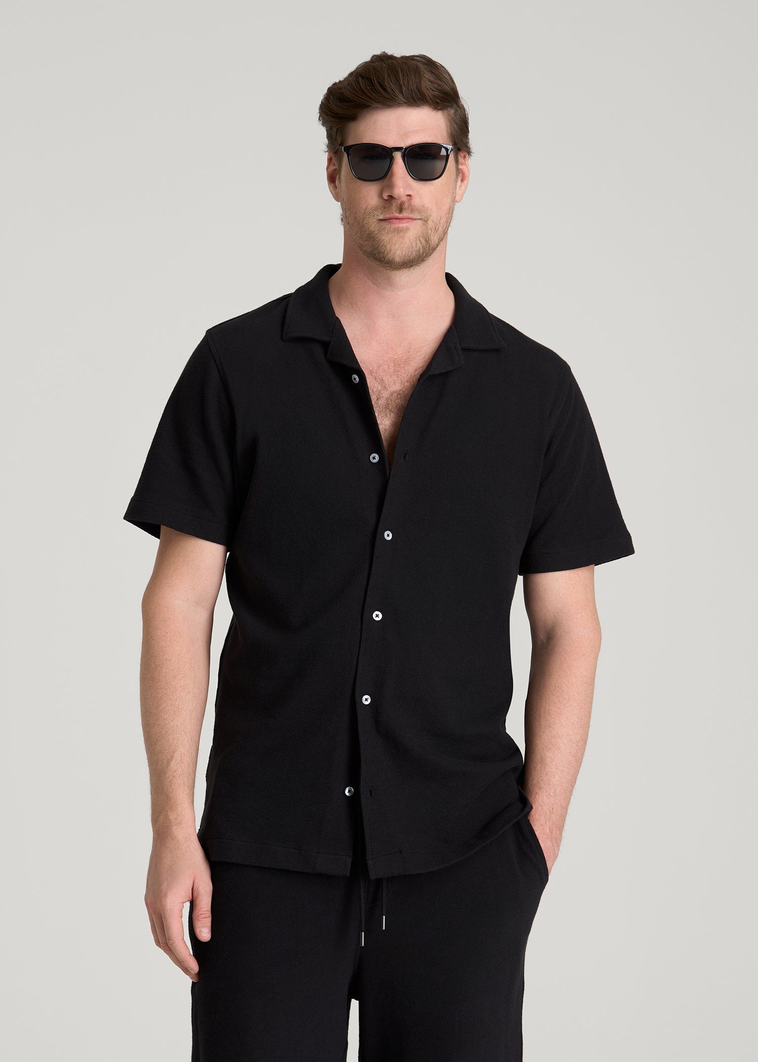 Terry Cotton Polo Cardigan for Tall Men in Black