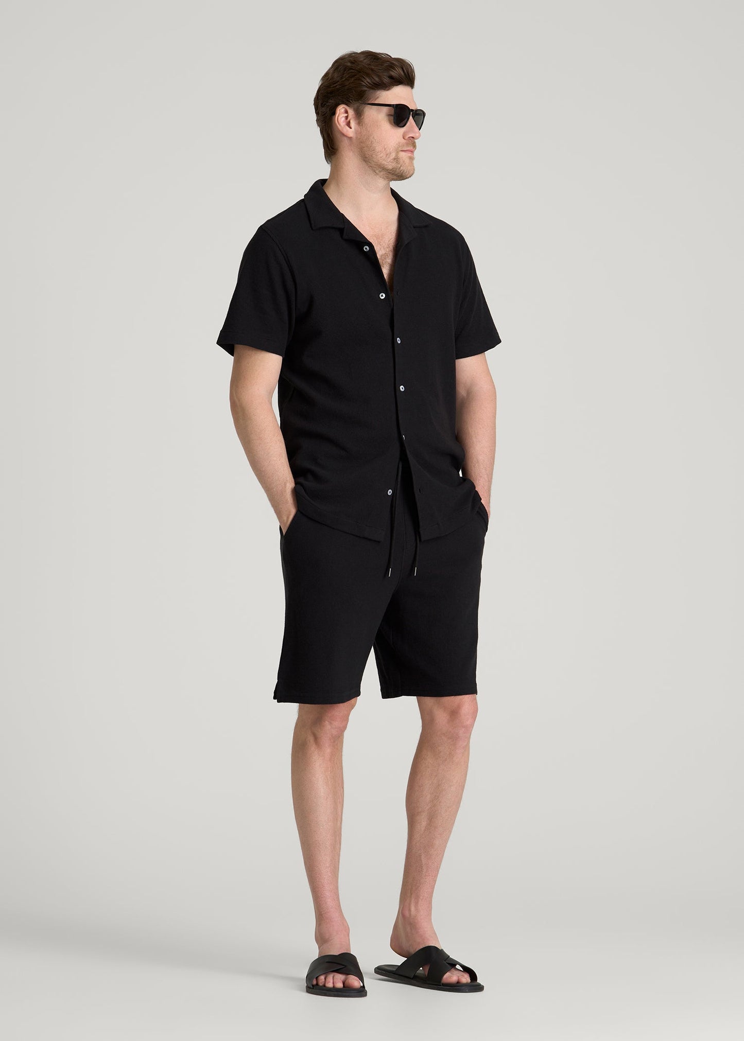 Terry Cotton Polo Cardigan for Tall Men in Black