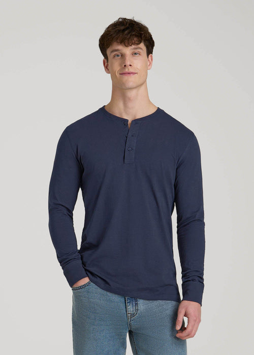 Three-Button Long Sleeve Slub Henley for Tall Men in Navy