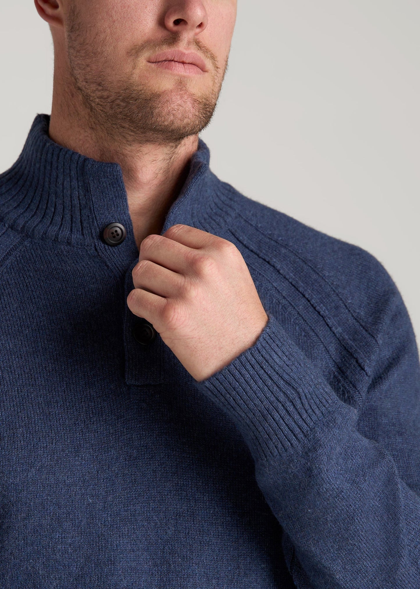Three-Button Mock Neck Sweater for Tall Men in Deep Cobalt Mix