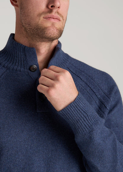 Three-Button Mock Neck Sweater for Tall Men in Deep Cobalt Mix