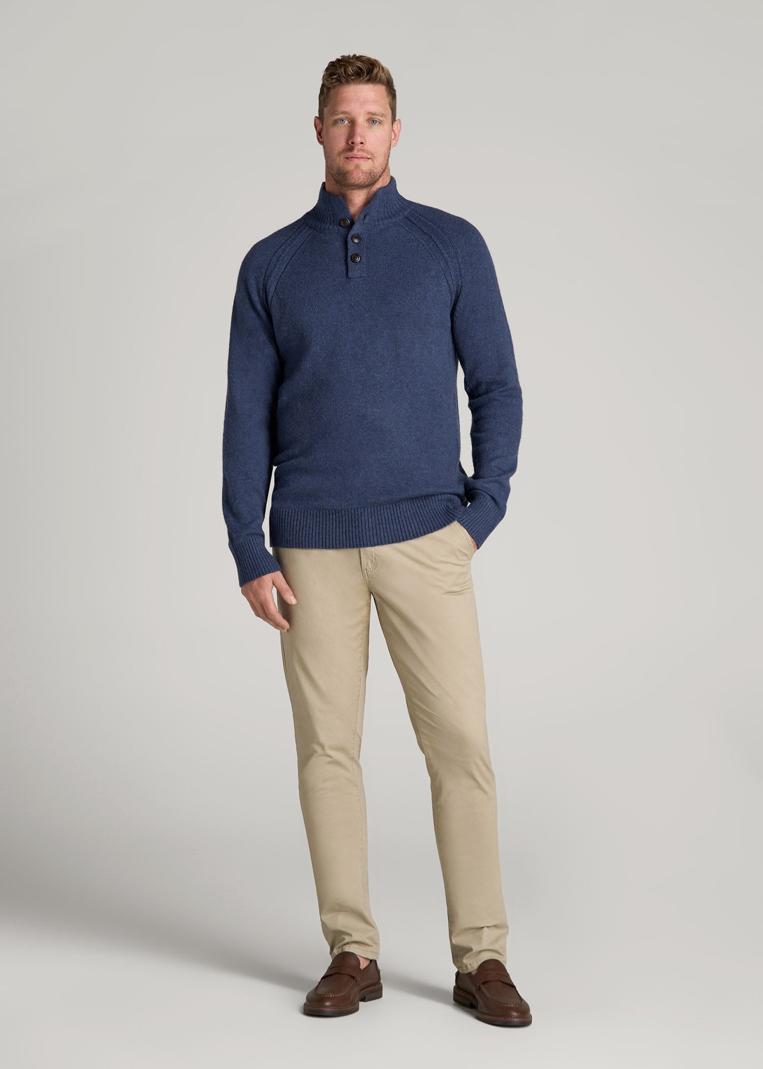 Three-Button Mock Neck Sweater for Tall Men in Deep Cobalt Mix