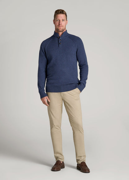 Three-Button Mock Neck Sweater for Tall Men in Deep Cobalt Mix