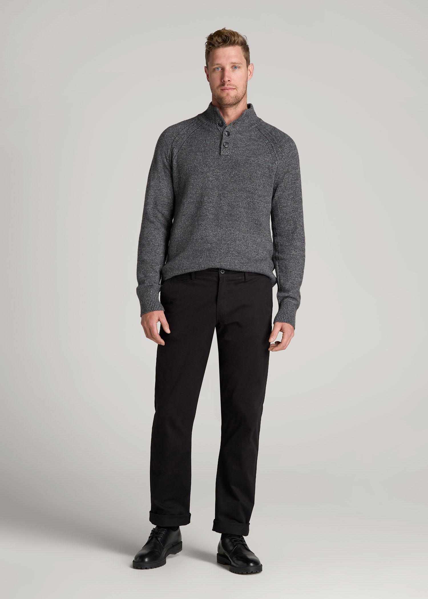 Three-Button Mock Neck Sweater for Tall Men in Grey Marl