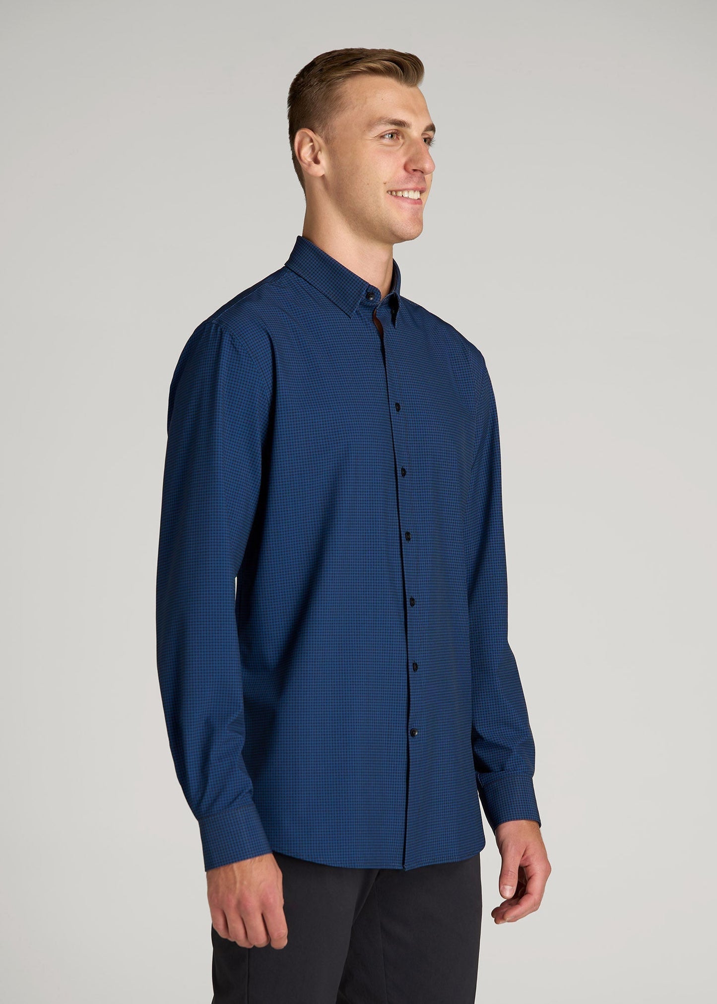 Traveler Stretch Dress Shirt in Black and Blue Micro Check