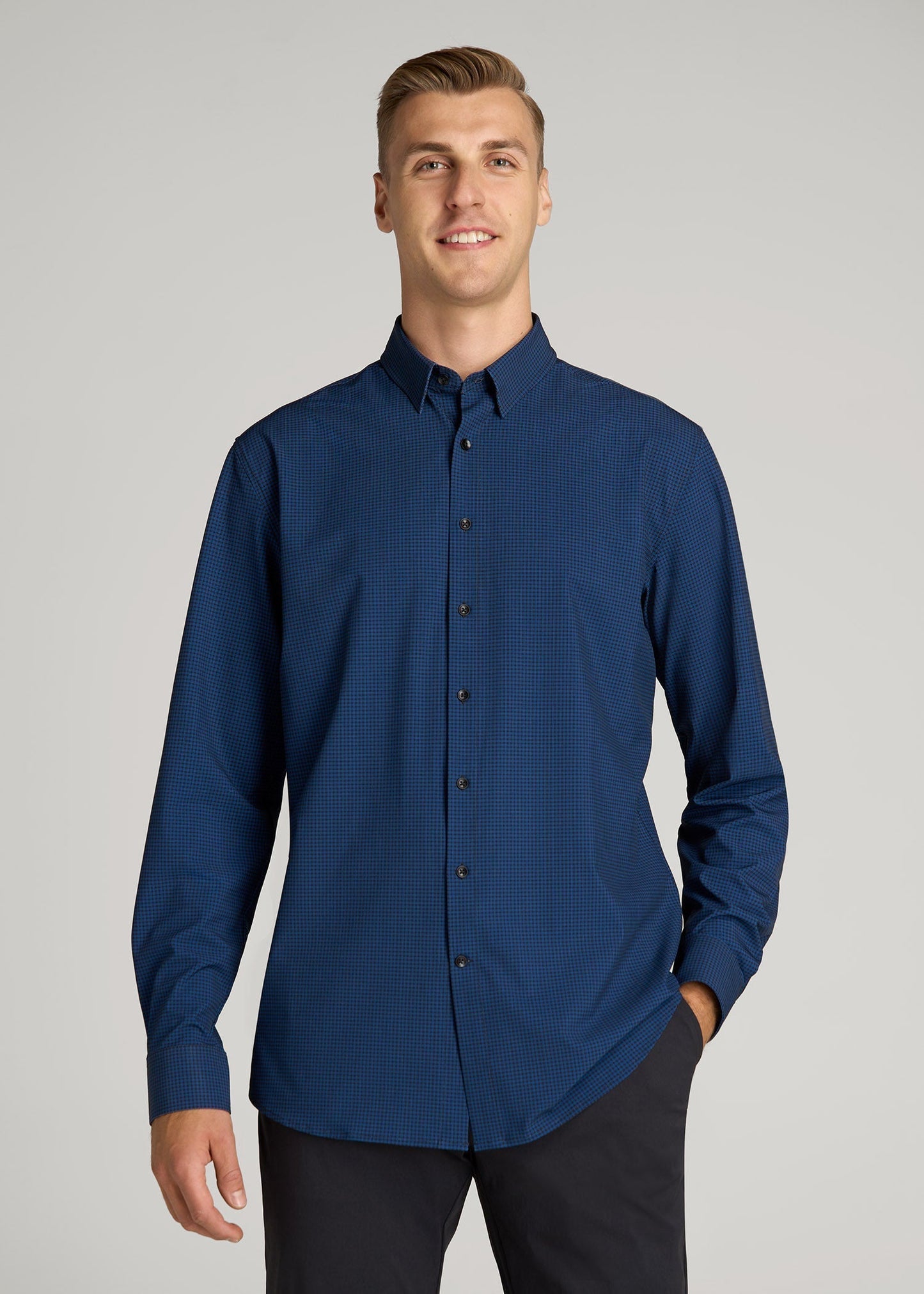 Traveler Stretch Dress Shirt in Black and Blue Micro Check