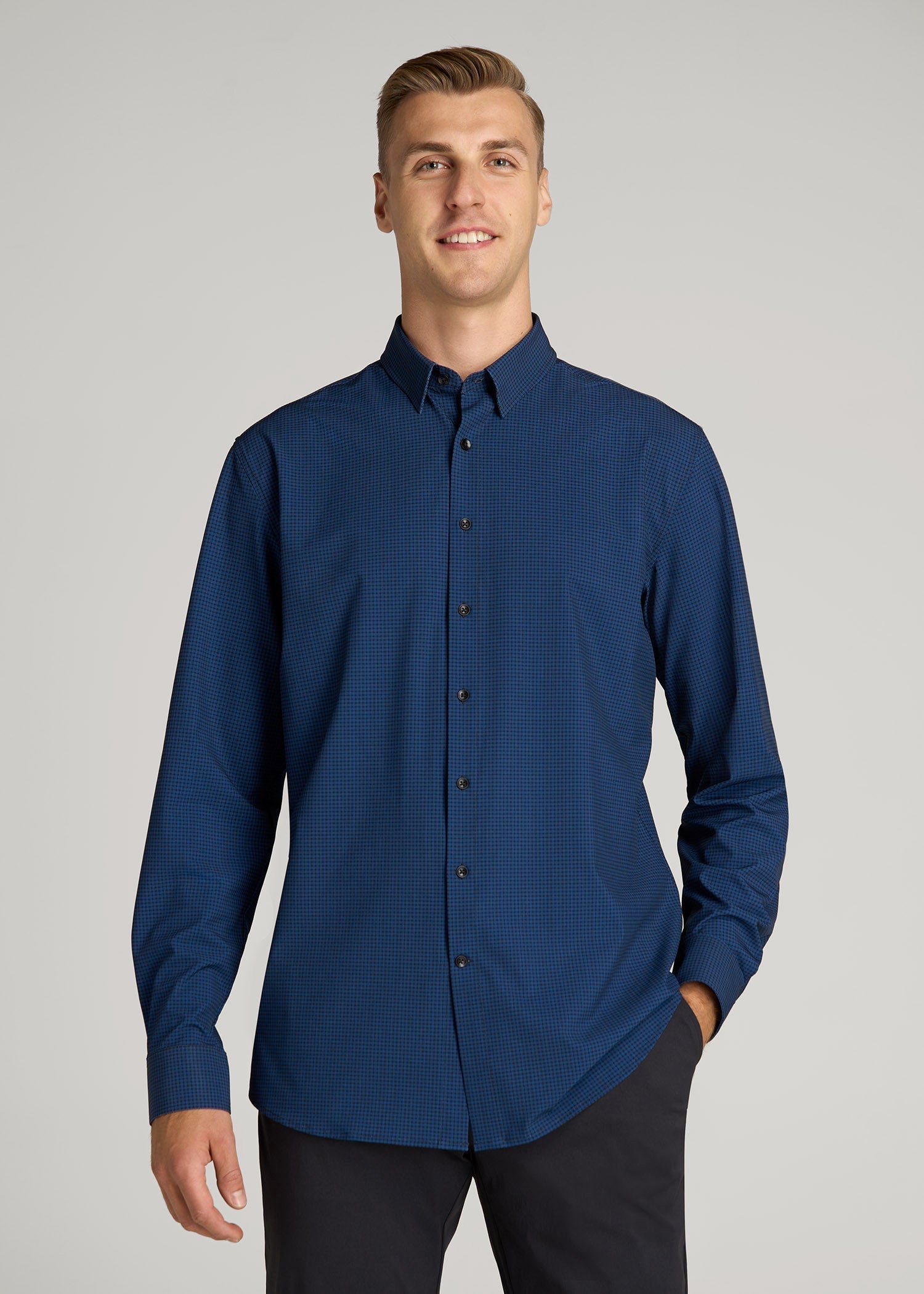 Traveler Stretch Dress Shirt in Black and Blue Micro Check