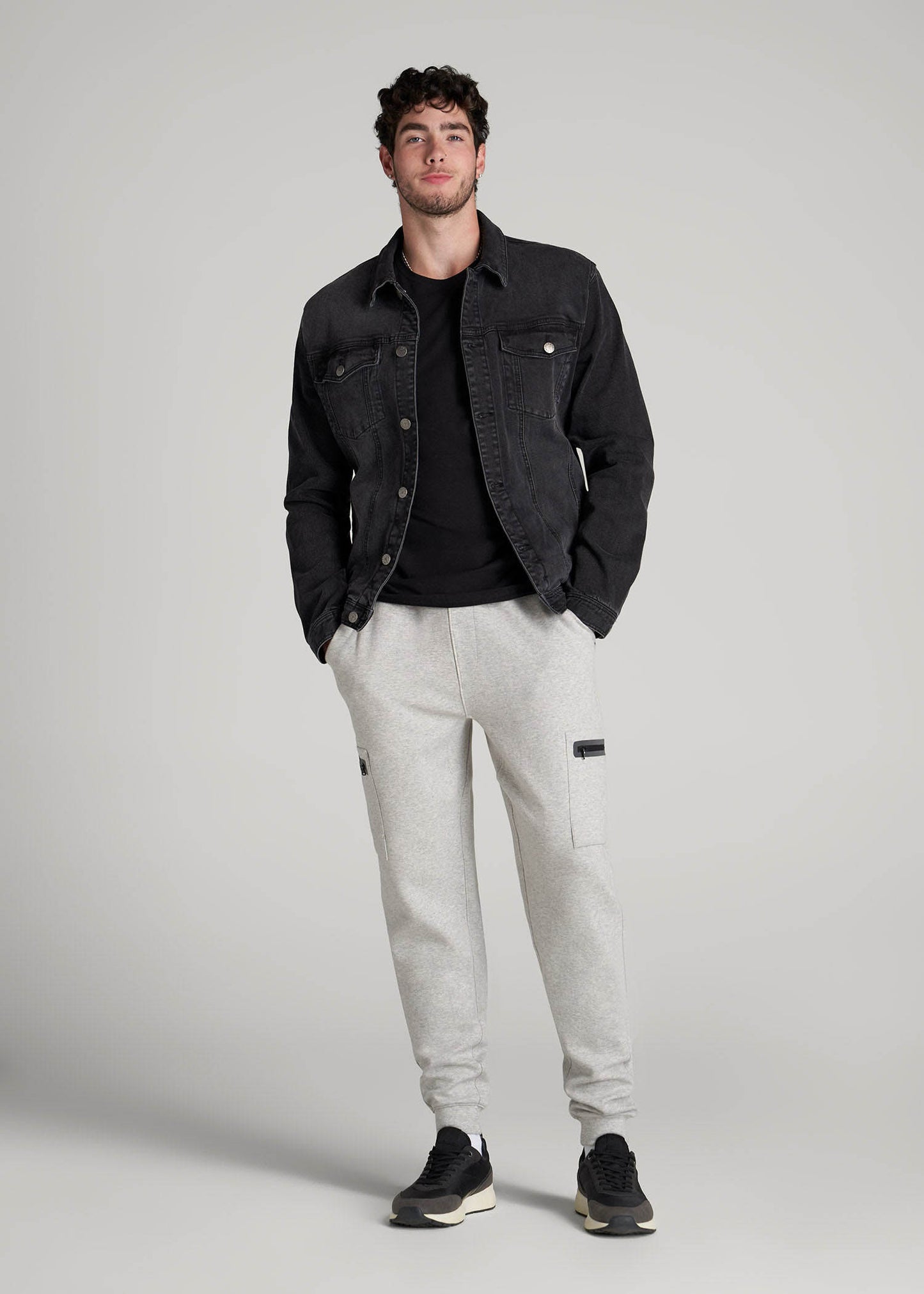 Tech Motion Fleece Cargo Joggers for Tall Men in Grey Mix