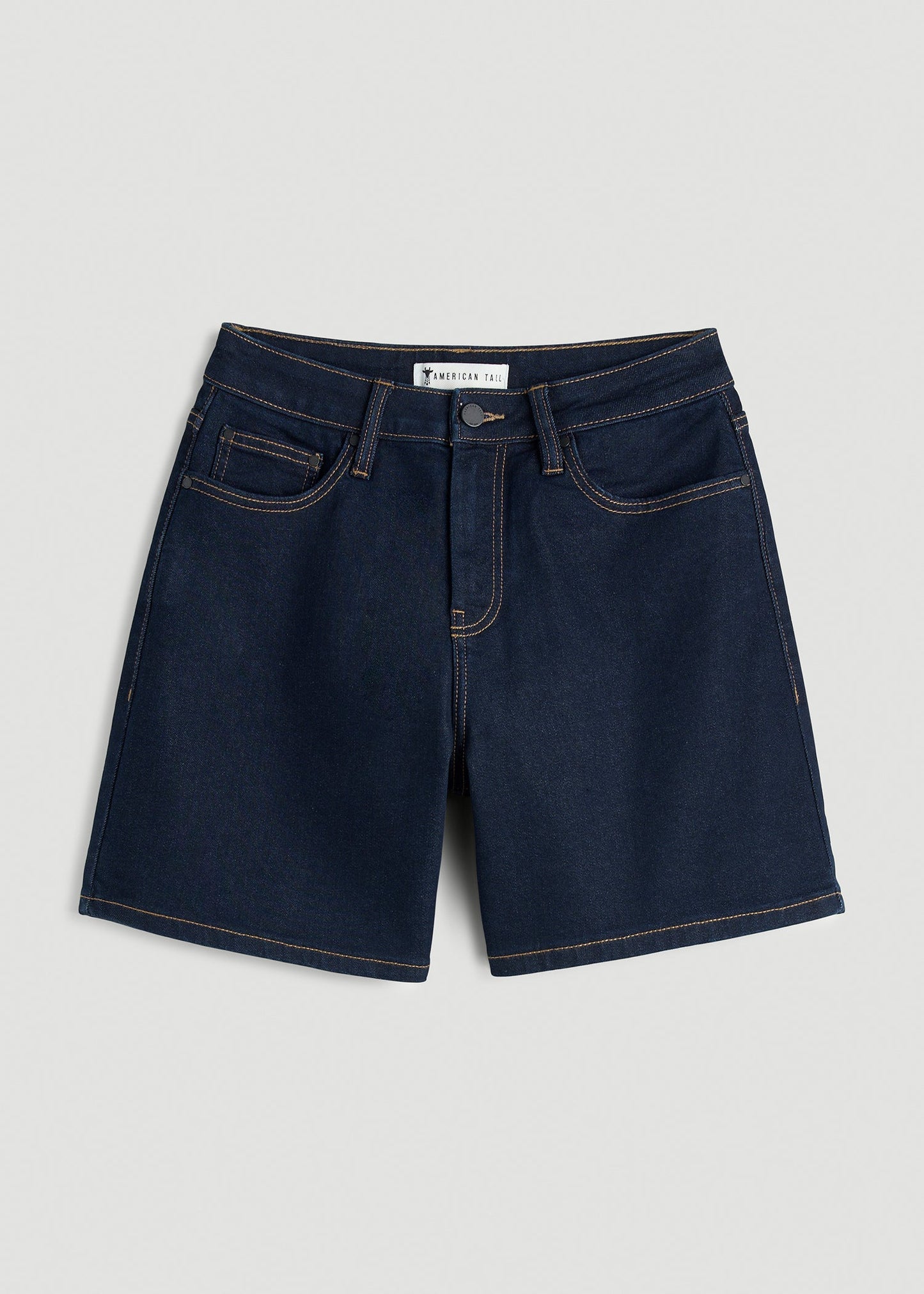 Stretch Denim Shorts for Tall Women in Deep Indigo Wash