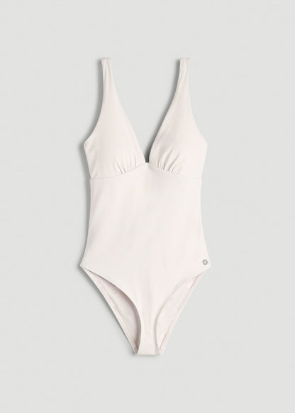 Classic V-Neck One Piece Swimsuit for Tall Women in White Sand