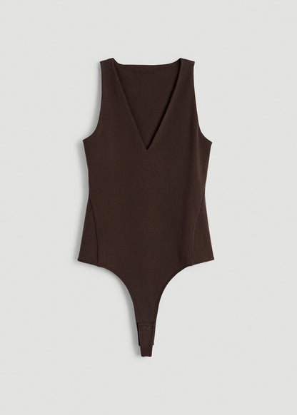 Cotton Blend Sleeveless V-Neck Bodysuit for Tall Women in Espresso