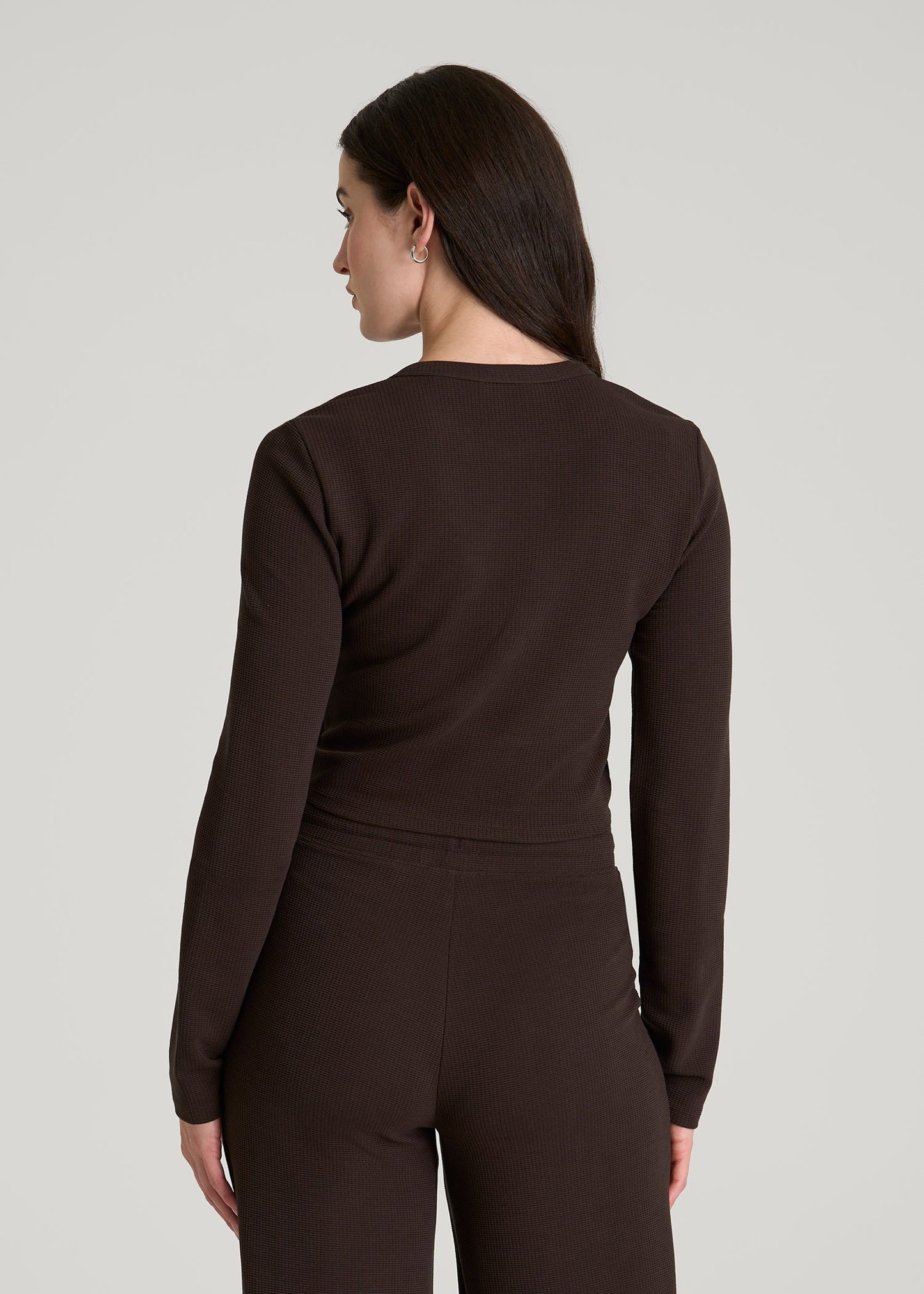 Cropped Long Sleeve Waffle Top for Tall Women in Espresso