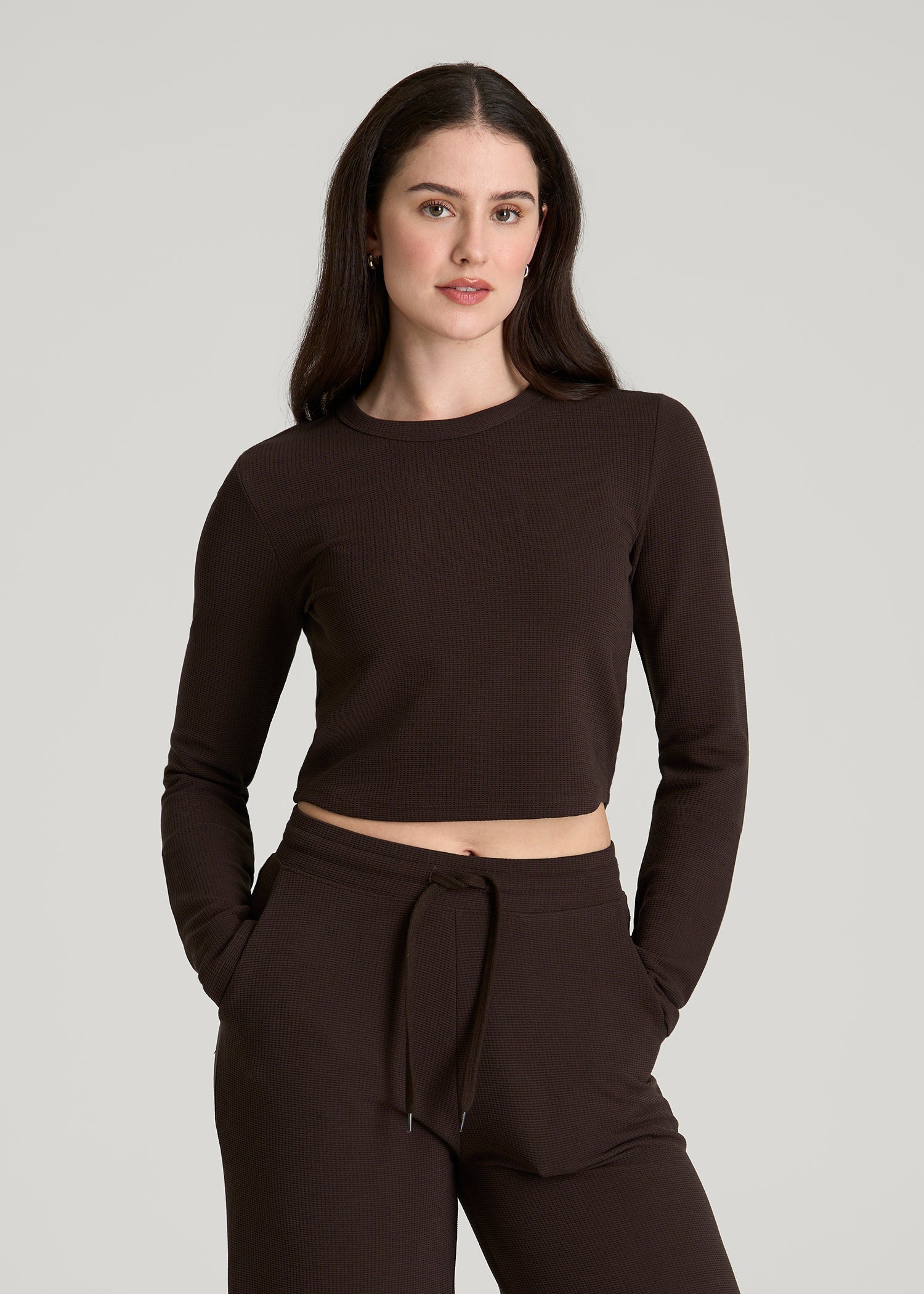 Cropped Long Sleeve Waffle Top for Tall Women in Espresso