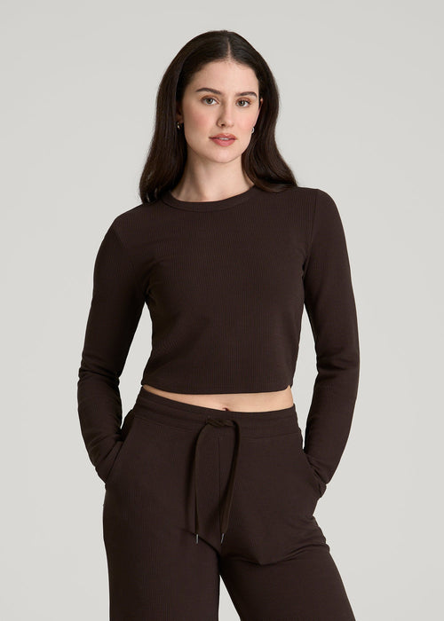 Cropped Long Sleeve Waffle Top for Tall Women in Espresso