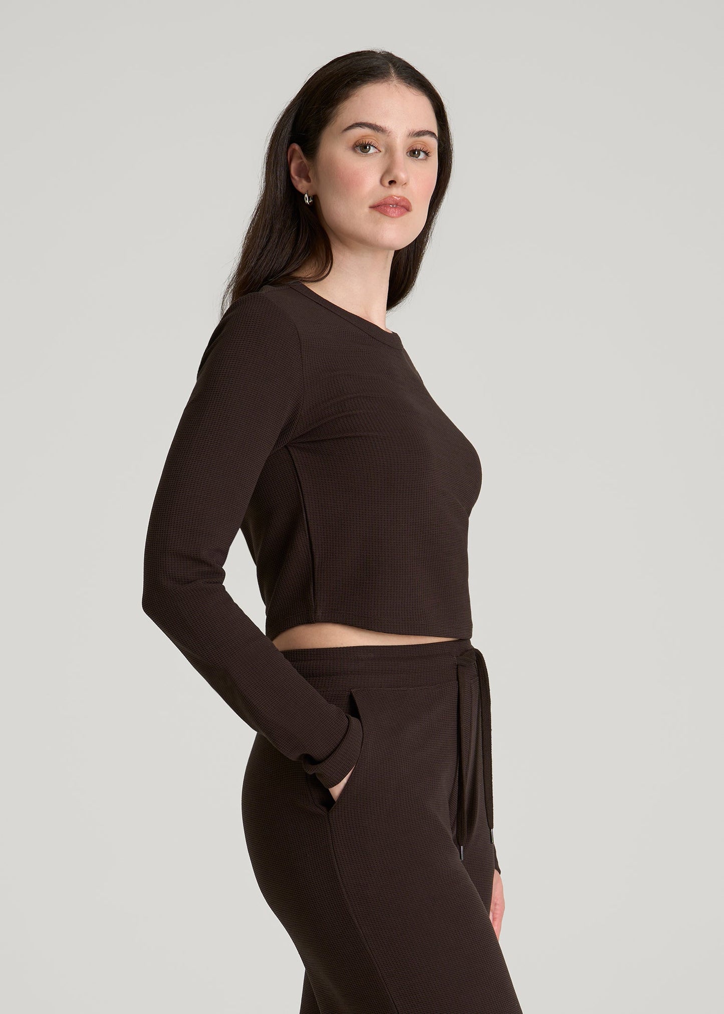 Cropped Long Sleeve Waffle Top for Tall Women in Espresso