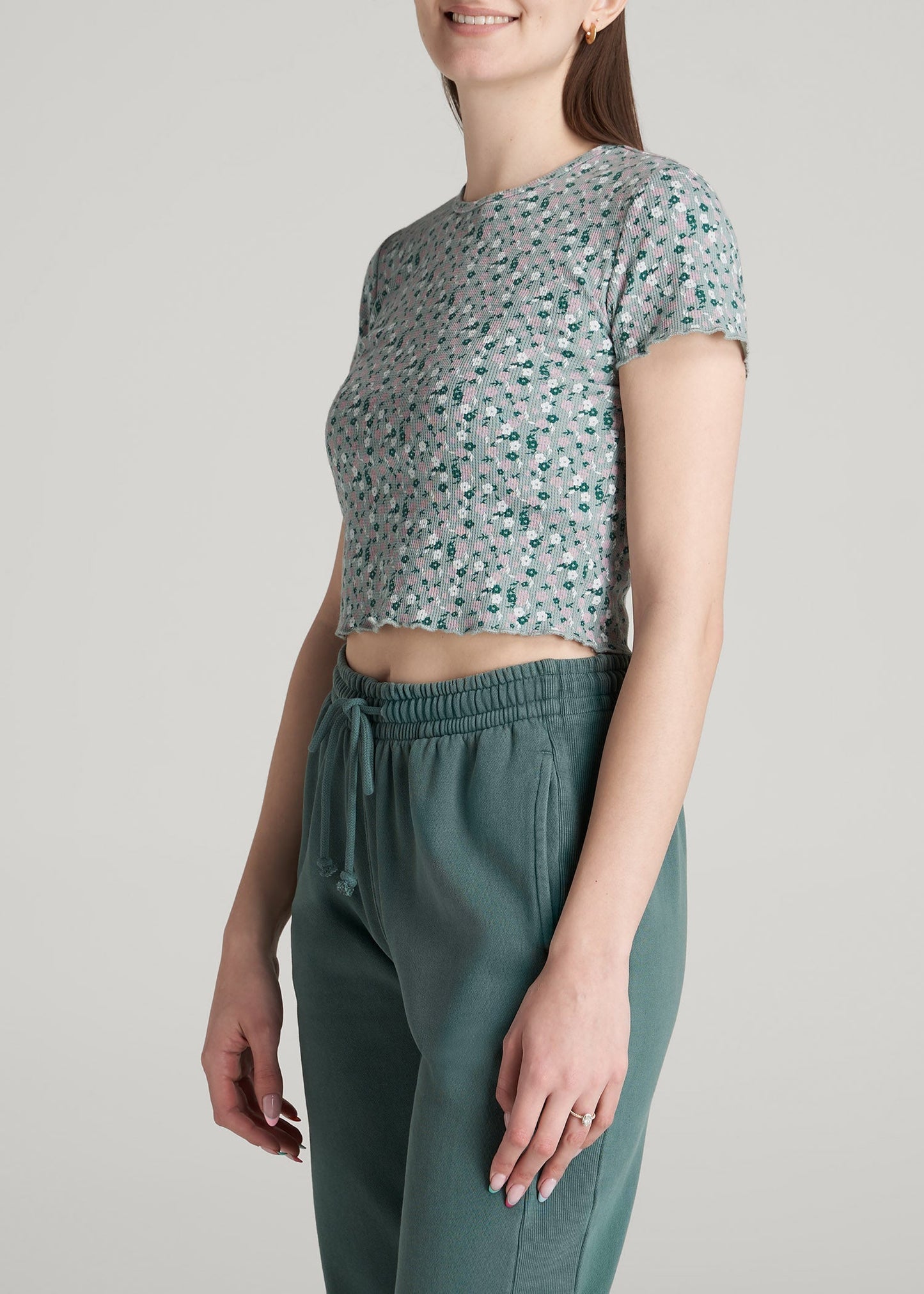 Cropped Waffle Tee for Tall Women in Seaglass Floral