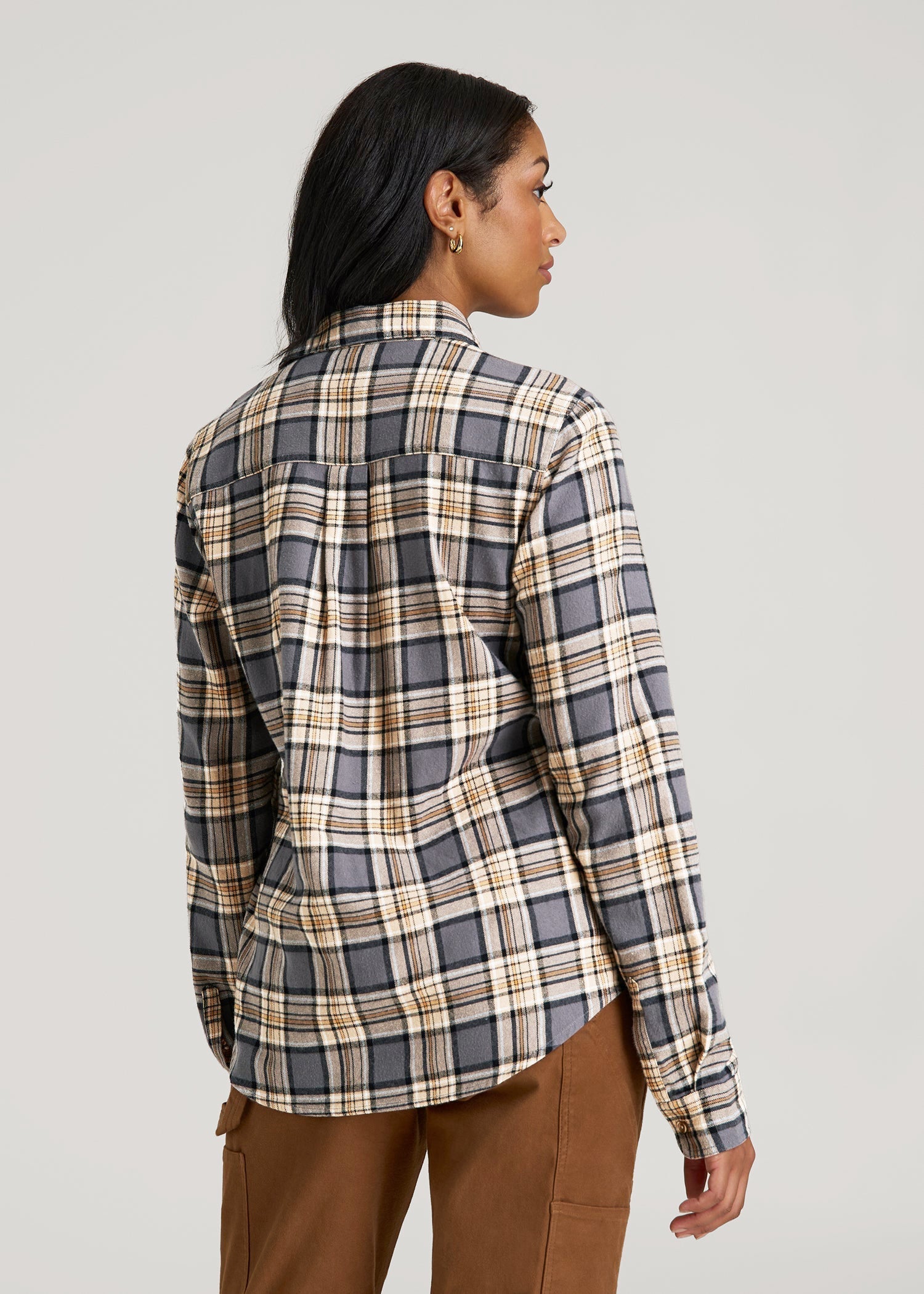 Flannel Button-Up Shirt for Tall Women in Grey and Camel Plaid