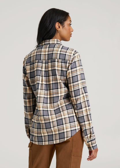 Flannel Button-Up Shirt for Tall Women in Grey and Camel Plaid