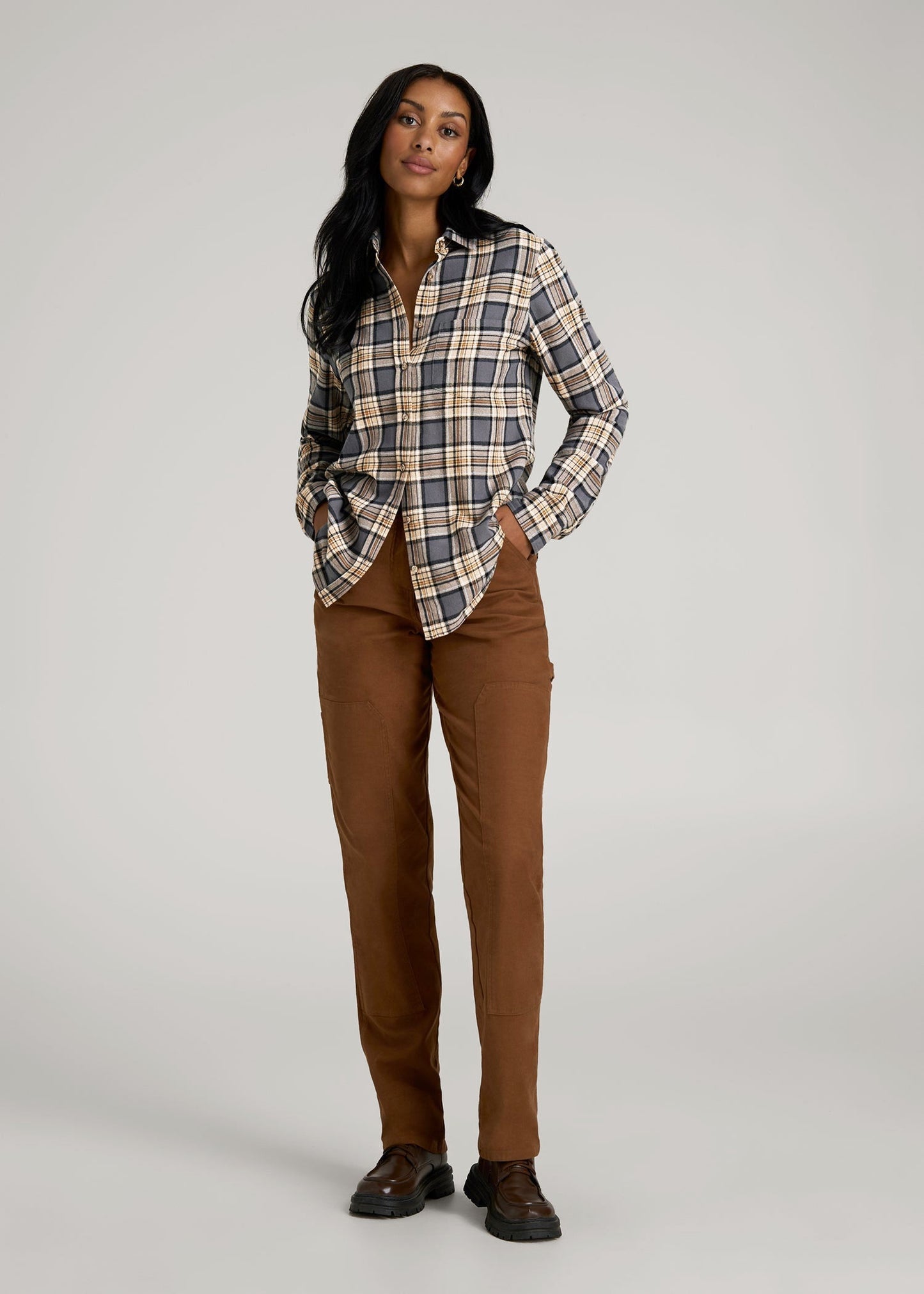 Flannel Button-Up Shirt for Tall Women in Grey and Camel Plaid