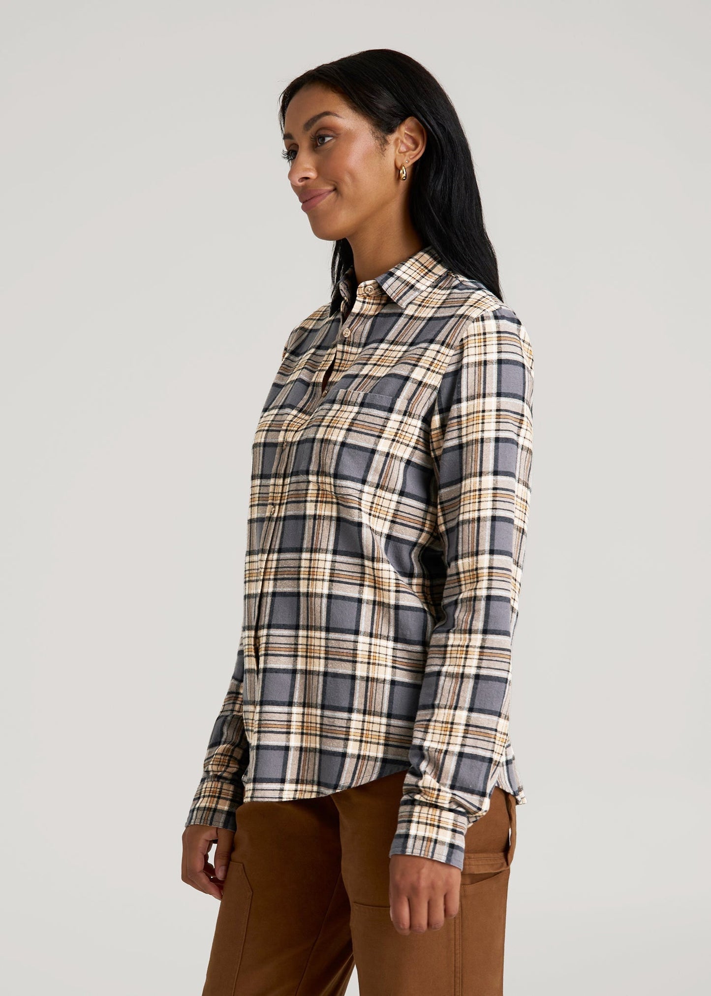 Flannel Button-Up Shirt for Tall Women in Grey and Camel Plaid
