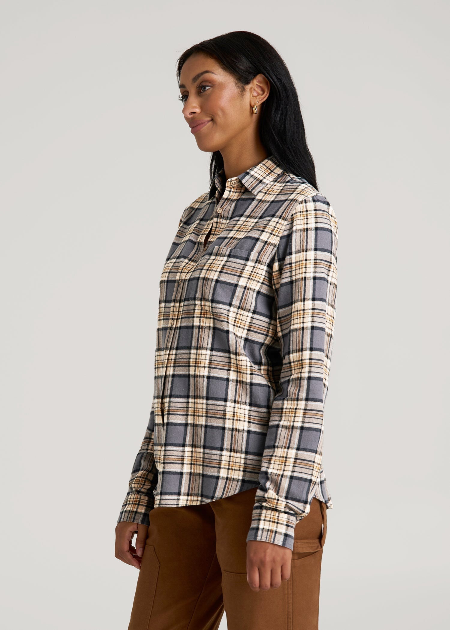 Flannel Button-Up Shirt for Tall Women in Grey and Camel Plaid