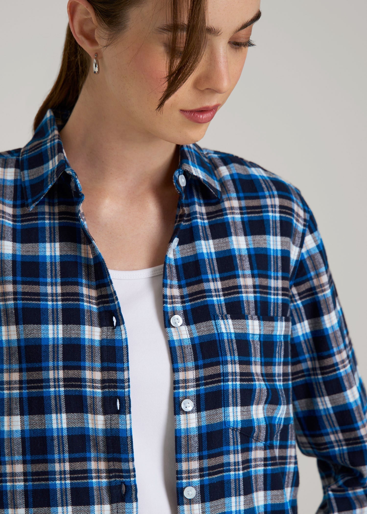 Flannel Button-Up Shirt for Tall Women in True Navy with Cobalt