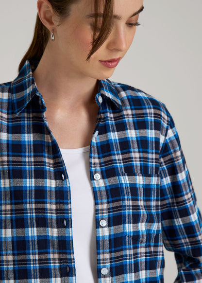 Flannel Button-Up Shirt for Tall Women in True Navy with Cobalt