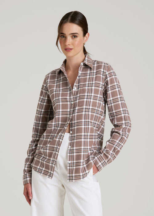 Flannel Button-Up Shirt for Tall Women in Woodsmoke with Black