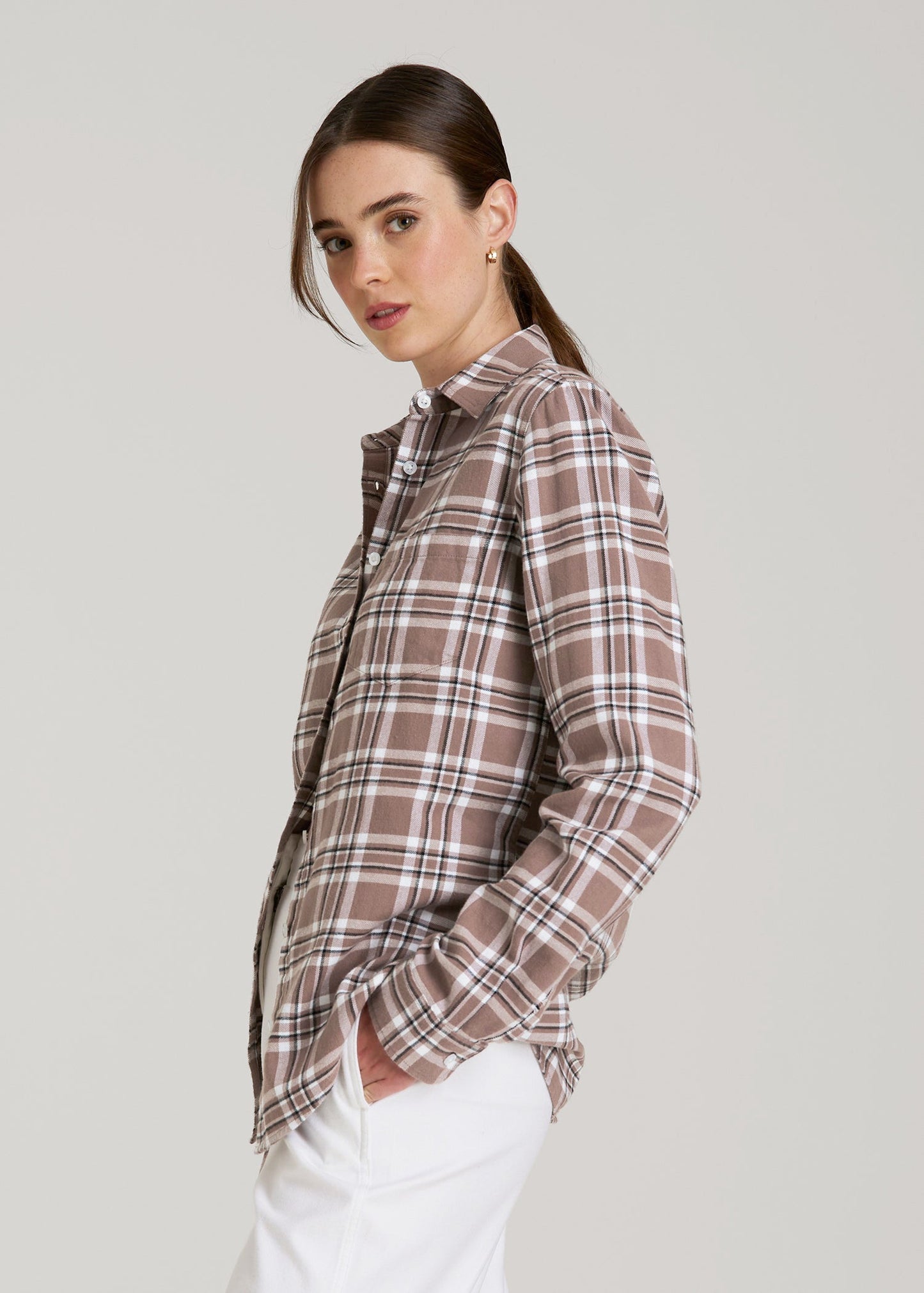 Flannel Button-Up Shirt for Tall Women in Woodsmoke with Black
