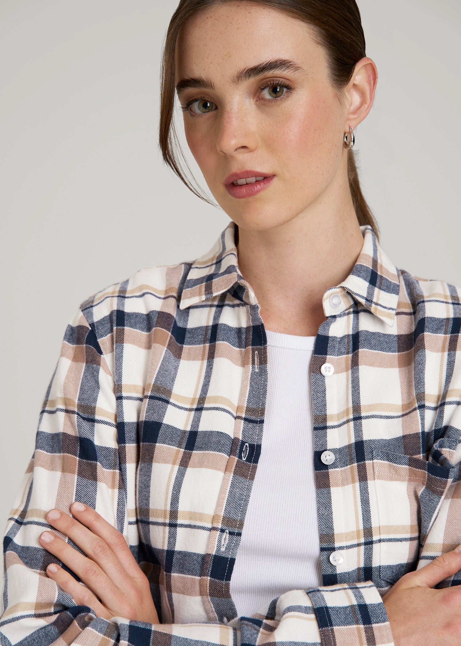 Flannel Button-Up Shirt for Tall Women in Woodsmoke with Navy