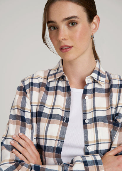 Flannel Button-Up Shirt for Tall Women in Woodsmoke with Navy