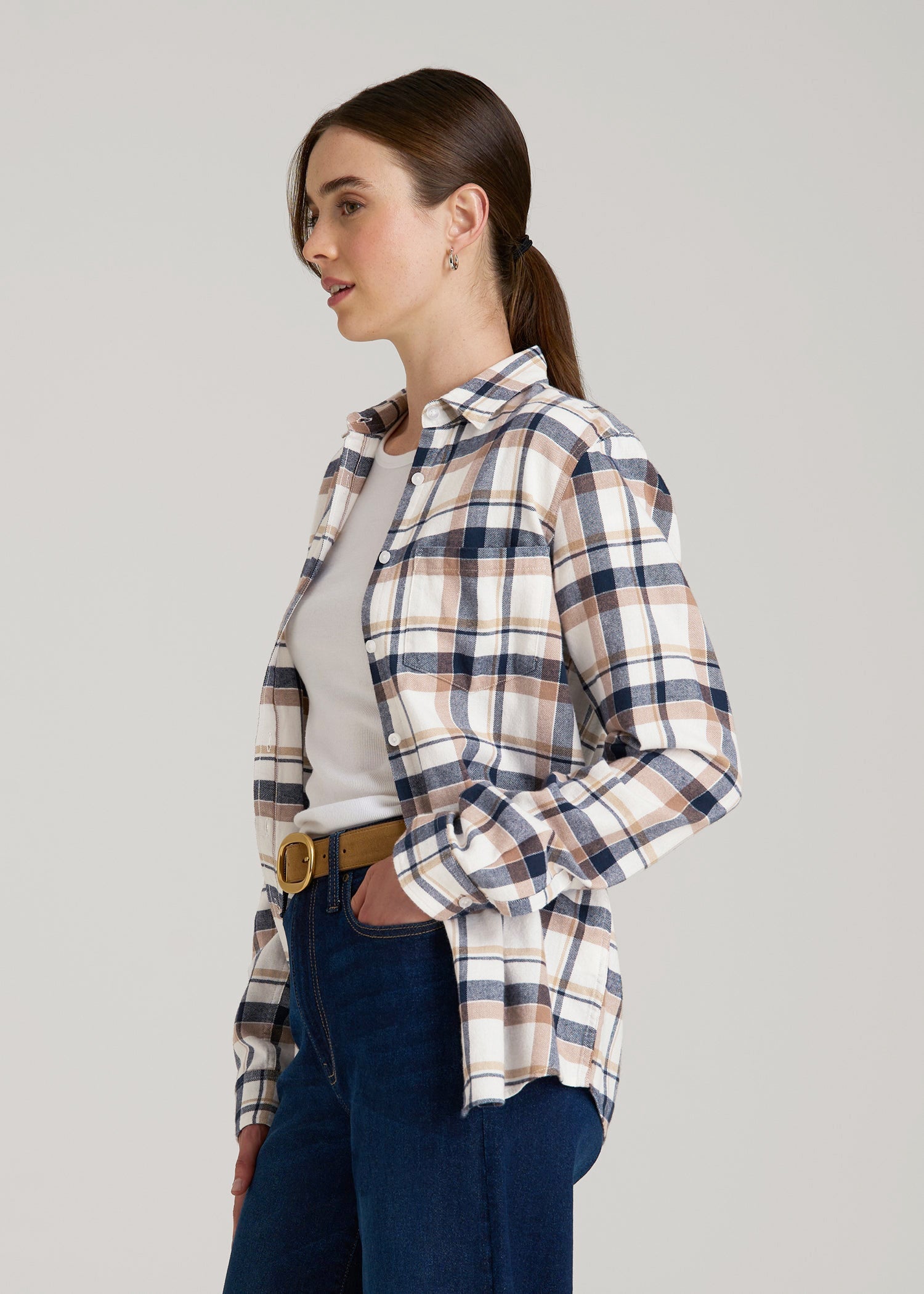 Flannel Button-Up Shirt for Tall Women in Woodsmoke with Navy