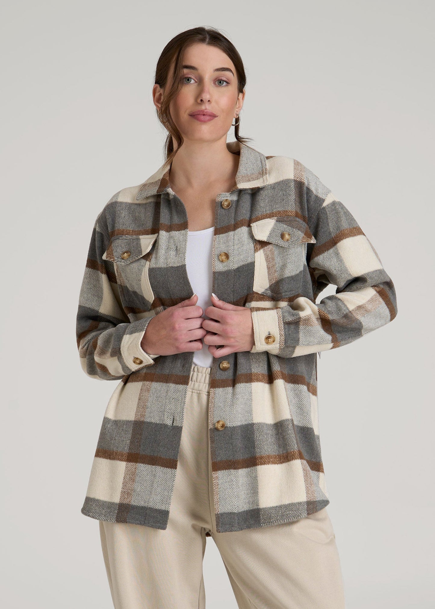 Flannel Shacket for Tall Women in Grey and Cream Plaid
