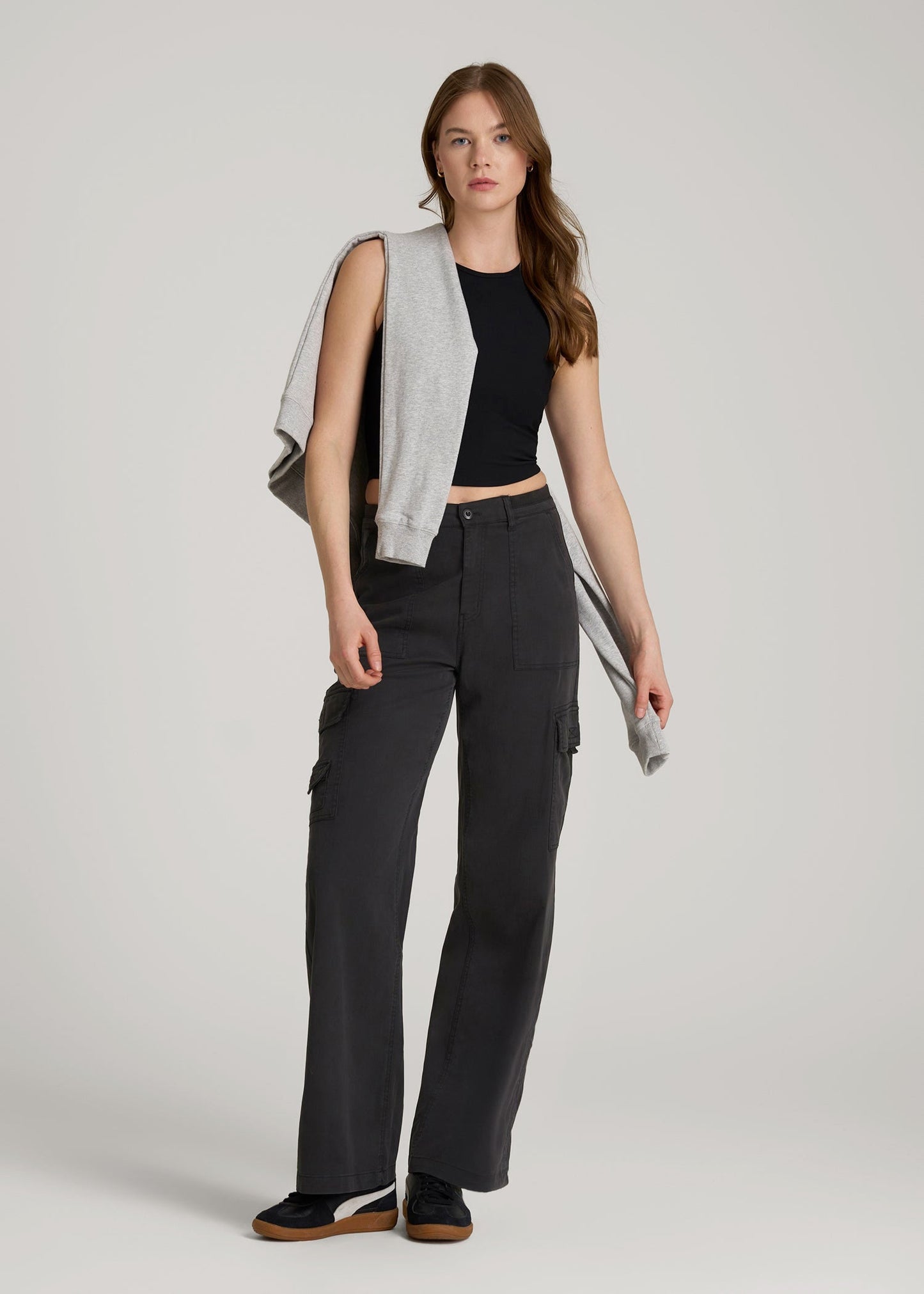 Garment Dyed Wide Leg Cargo Pants for Tall Women in Washed Vintage Black