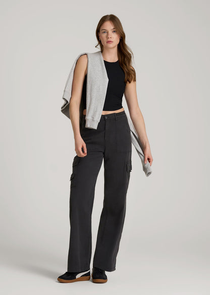 Garment Dyed Wide Leg Cargo Pants for Tall Women in Washed Vintage Black