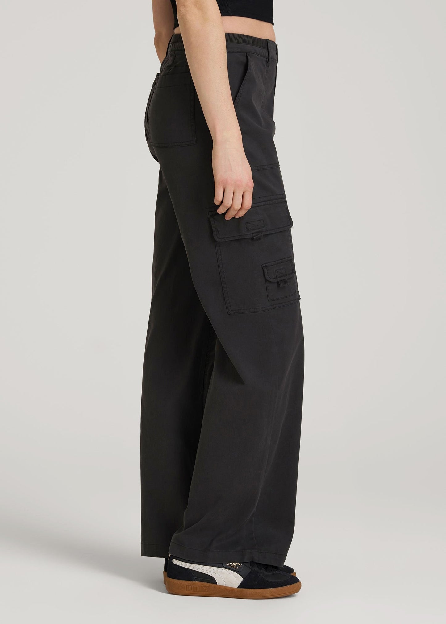 Garment Dyed Wide Leg Cargo Pants for Tall Women in Washed Vintage Black