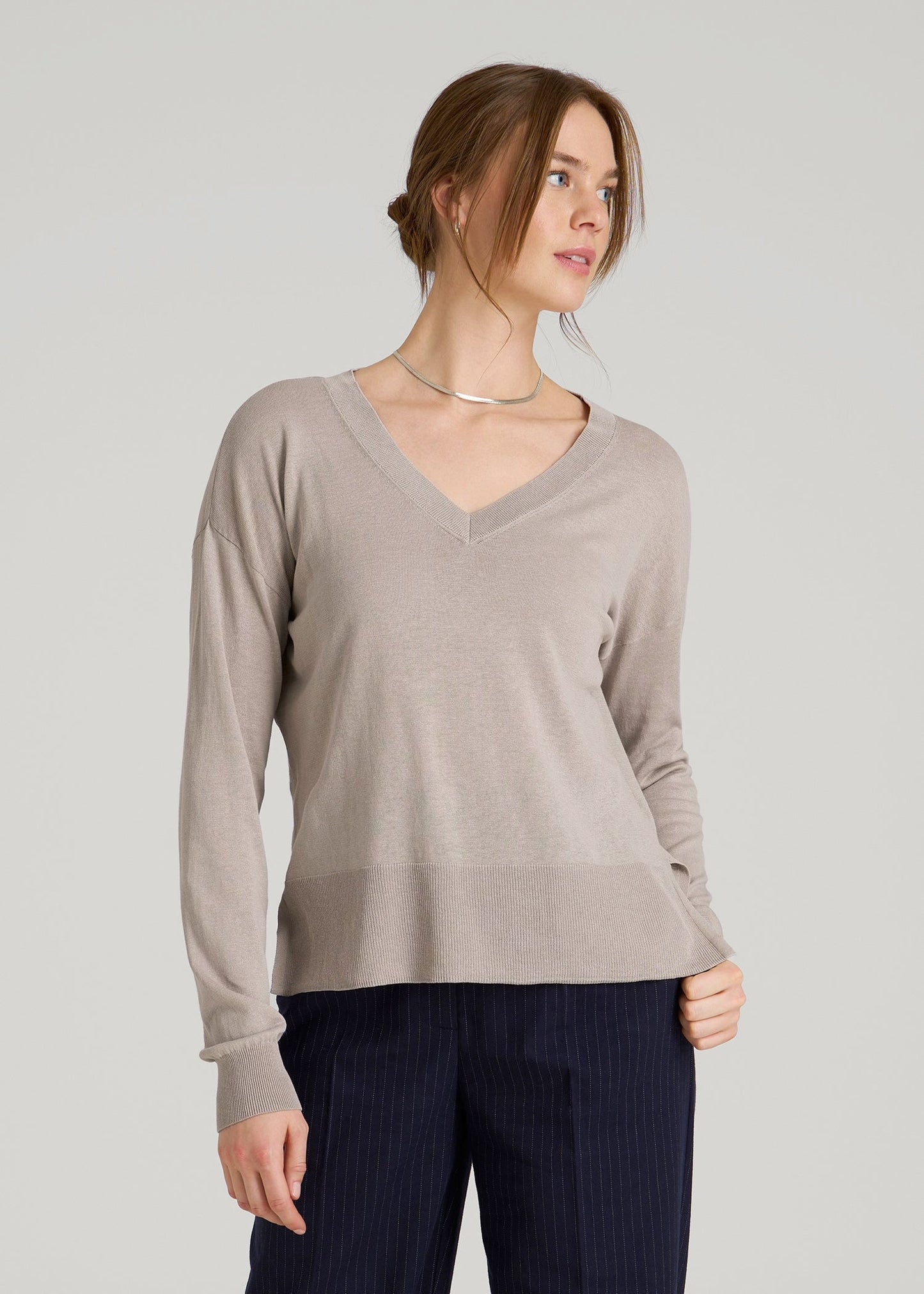 Linen Blend Split Hem V-Neck Sweater for Tall Women in Atmosphere