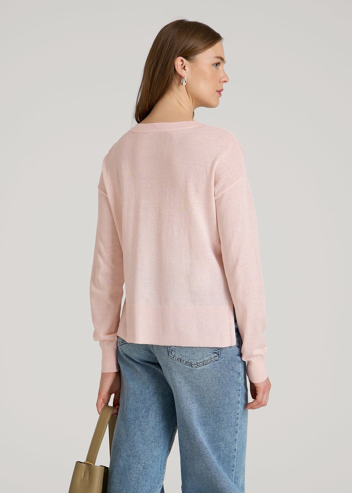 Linen Blend Split Hem V-Neck Sweater for Tall Women in Hush Pink
