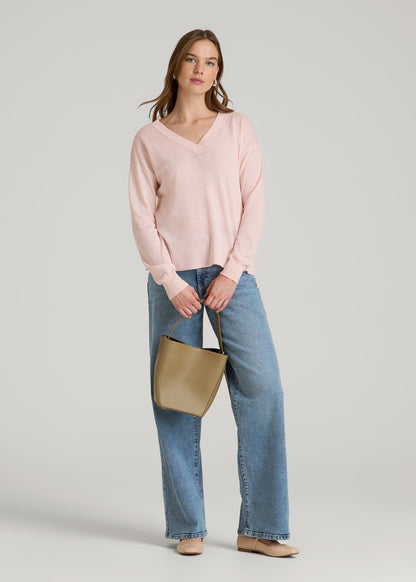 Linen Blend Split Hem V-Neck Sweater for Tall Women in Hush Pink